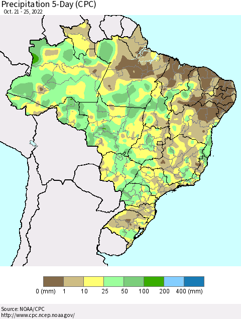 Brazil Precipitation 5-Day (CPC) Thematic Map For 10/21/2022 - 10/25/2022