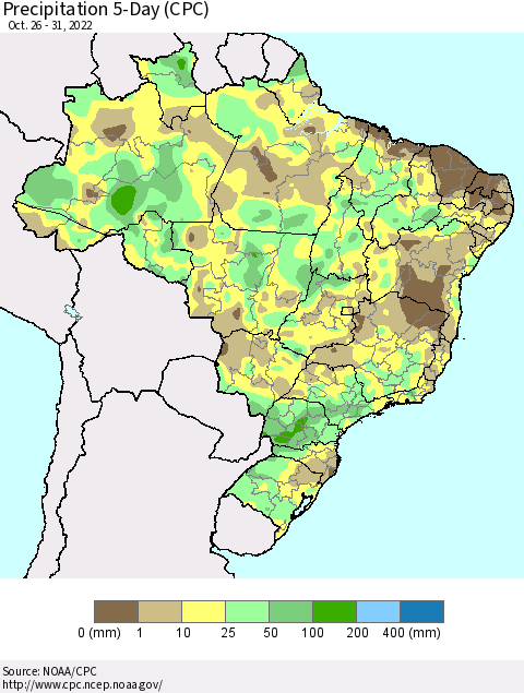 Brazil Precipitation 5-Day (CPC) Thematic Map For 10/26/2022 - 10/31/2022