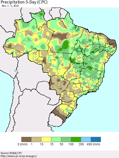 Brazil Precipitation 5-Day (CPC) Thematic Map For 11/1/2022 - 11/5/2022