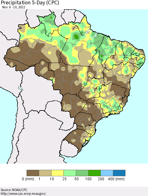 Brazil Precipitation 5-Day (CPC) Thematic Map For 11/6/2022 - 11/10/2022