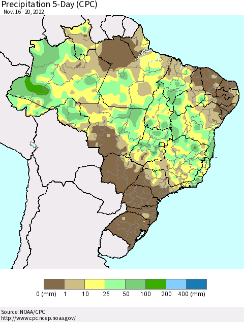 Brazil Precipitation 5-Day (CPC) Thematic Map For 11/16/2022 - 11/20/2022