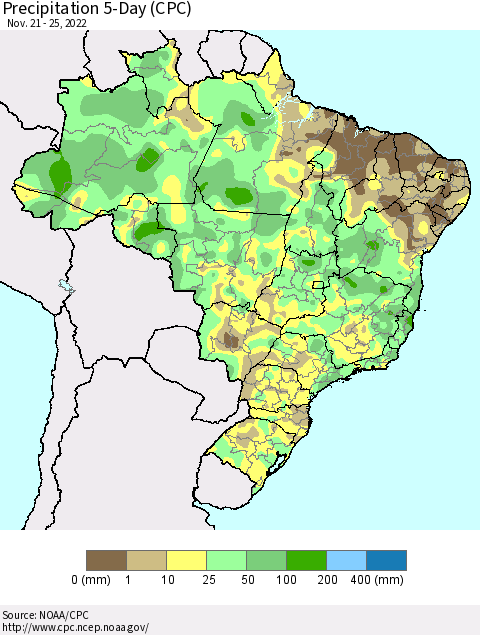 Brazil Precipitation 5-Day (CPC) Thematic Map For 11/21/2022 - 11/25/2022