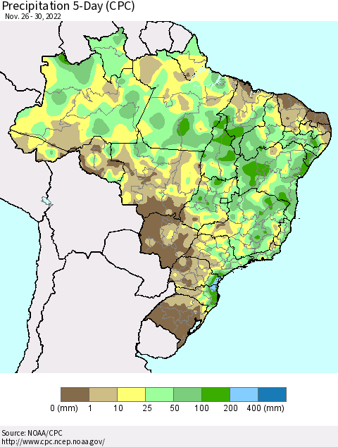 Brazil Precipitation 5-Day (CPC) Thematic Map For 11/26/2022 - 11/30/2022