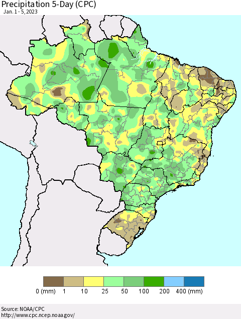 Brazil Precipitation 5-Day (CPC) Thematic Map For 1/1/2023 - 1/5/2023