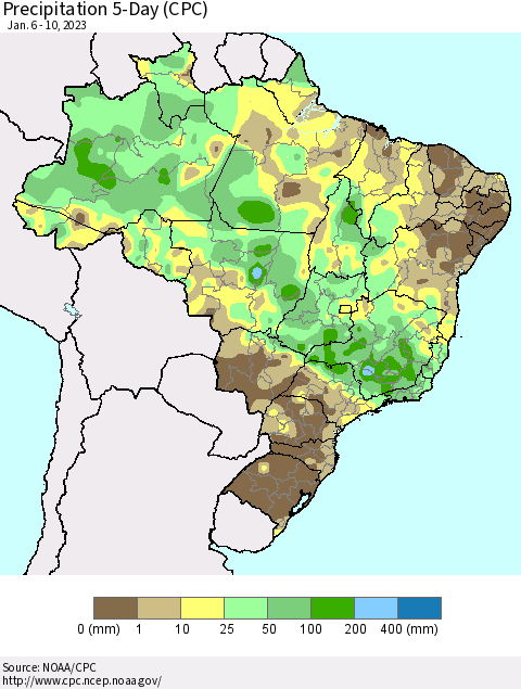 Brazil Precipitation 5-Day (CPC) Thematic Map For 1/6/2023 - 1/10/2023