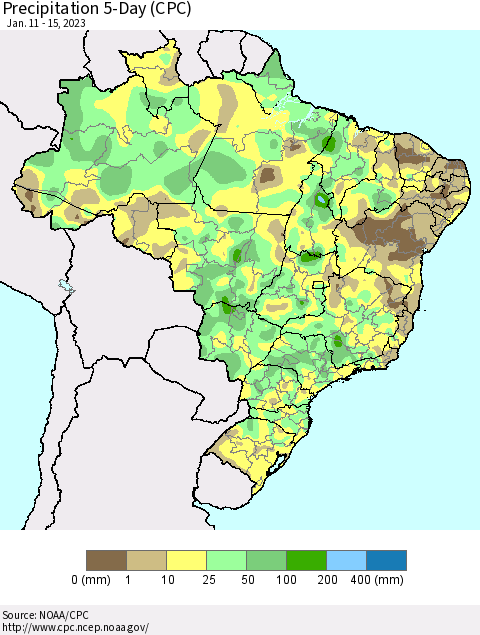 Brazil Precipitation 5-Day (CPC) Thematic Map For 1/11/2023 - 1/15/2023