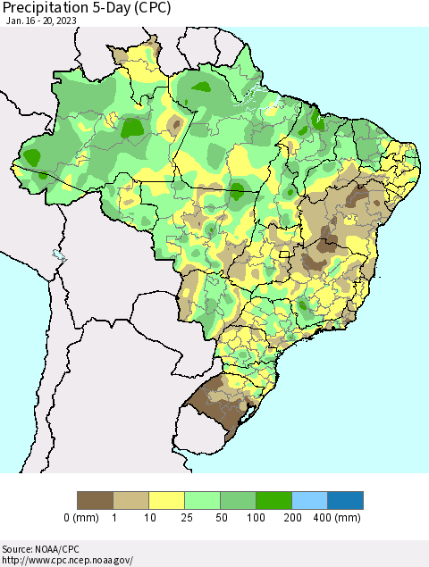 Brazil Precipitation 5-Day (CPC) Thematic Map For 1/16/2023 - 1/20/2023