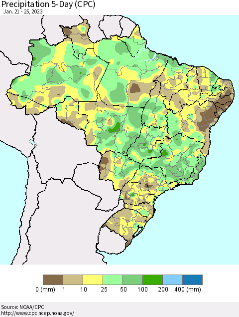 Brazil Precipitation 5-Day (CPC) Thematic Map For 1/21/2023 - 1/25/2023