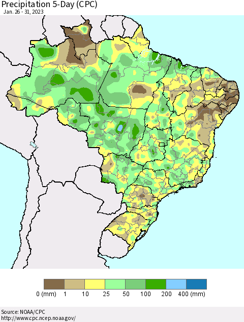 Brazil Precipitation 5-Day (CPC) Thematic Map For 1/26/2023 - 1/31/2023