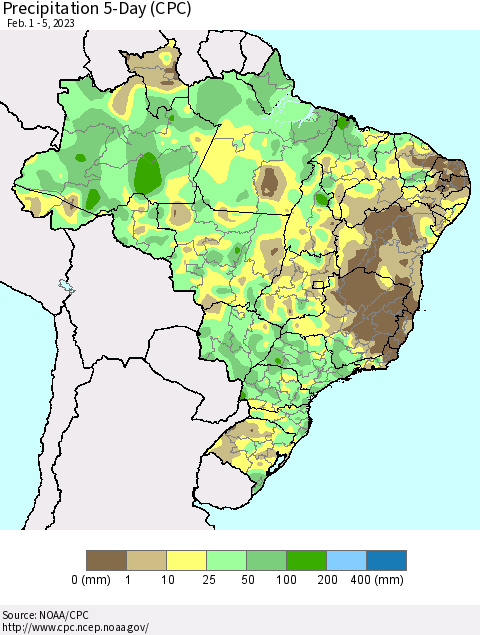Brazil Precipitation 5-Day (CPC) Thematic Map For 2/1/2023 - 2/5/2023