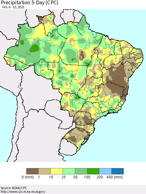 Brazil Precipitation 5-Day (CPC) Thematic Map For 2/6/2023 - 2/10/2023