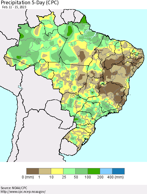 Brazil Precipitation 5-Day (CPC) Thematic Map For 2/11/2023 - 2/15/2023