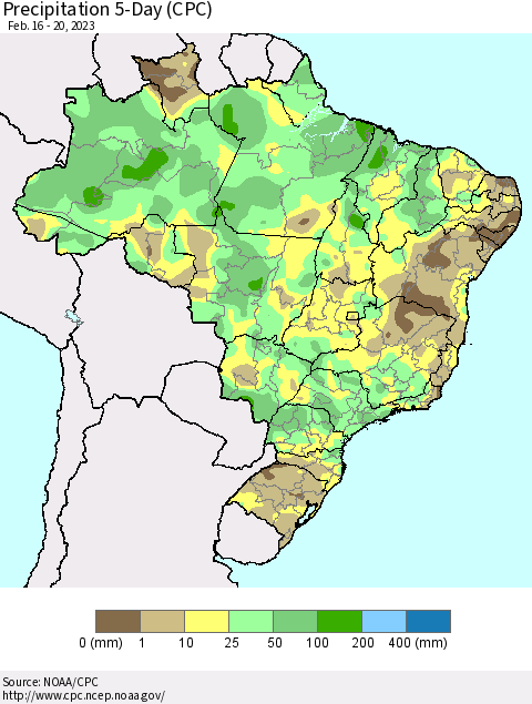 Brazil Precipitation 5-Day (CPC) Thematic Map For 2/16/2023 - 2/20/2023