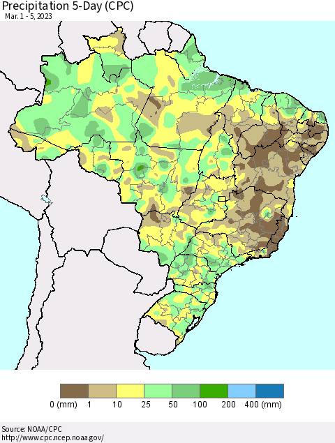 Brazil Precipitation 5-Day (CPC) Thematic Map For 3/1/2023 - 3/5/2023