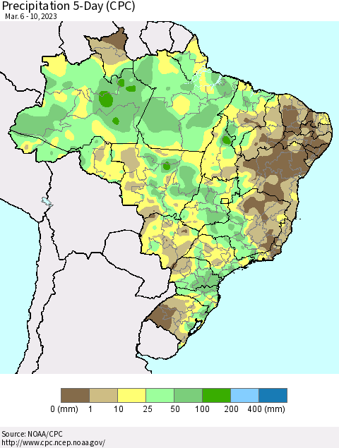 Brazil Precipitation 5-Day (CPC) Thematic Map For 3/6/2023 - 3/10/2023