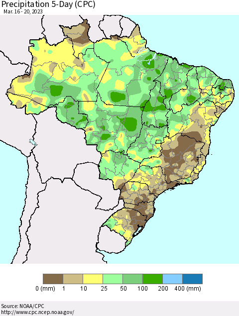 Brazil Precipitation 5-Day (CPC) Thematic Map For 3/16/2023 - 3/20/2023