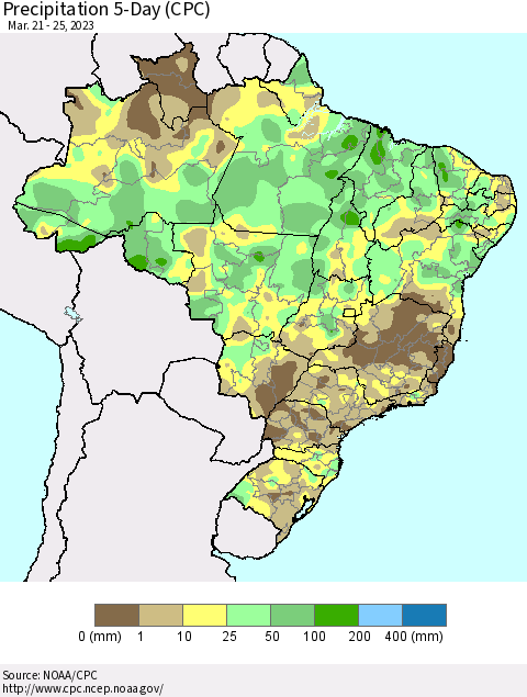 Brazil Precipitation 5-Day (CPC) Thematic Map For 3/21/2023 - 3/25/2023