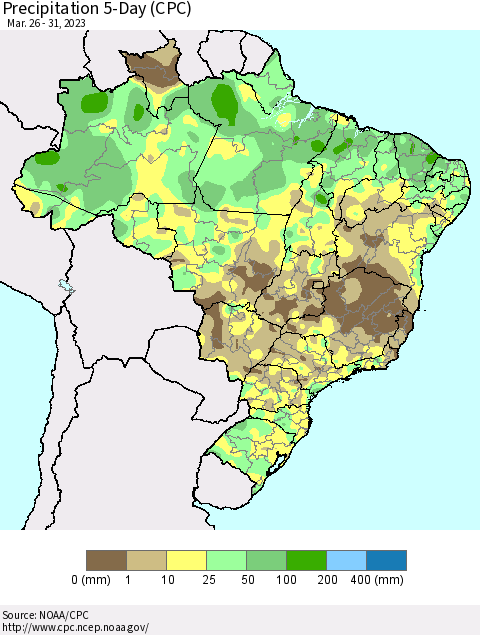 Brazil Precipitation 5-Day (CPC) Thematic Map For 3/26/2023 - 3/31/2023