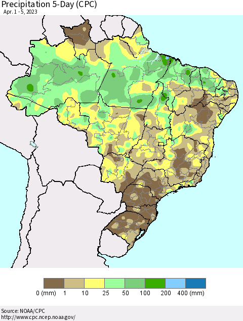 Brazil Precipitation 5-Day (CPC) Thematic Map For 4/1/2023 - 4/5/2023