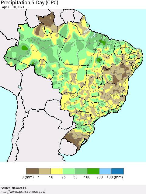 Brazil Precipitation 5-Day (CPC) Thematic Map For 4/6/2023 - 4/10/2023