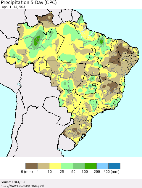 Brazil Precipitation 5-Day (CPC) Thematic Map For 4/11/2023 - 4/15/2023