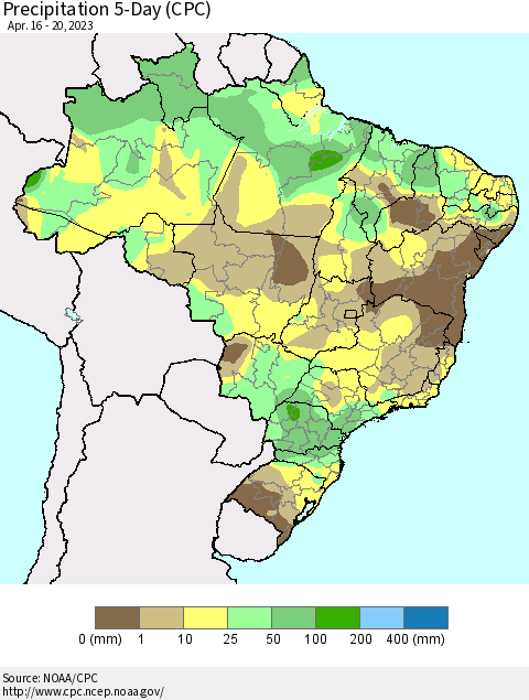 Brazil Precipitation 5-Day (CPC) Thematic Map For 4/16/2023 - 4/20/2023