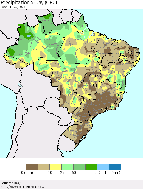 Brazil Precipitation 5-Day (CPC) Thematic Map For 4/21/2023 - 4/25/2023