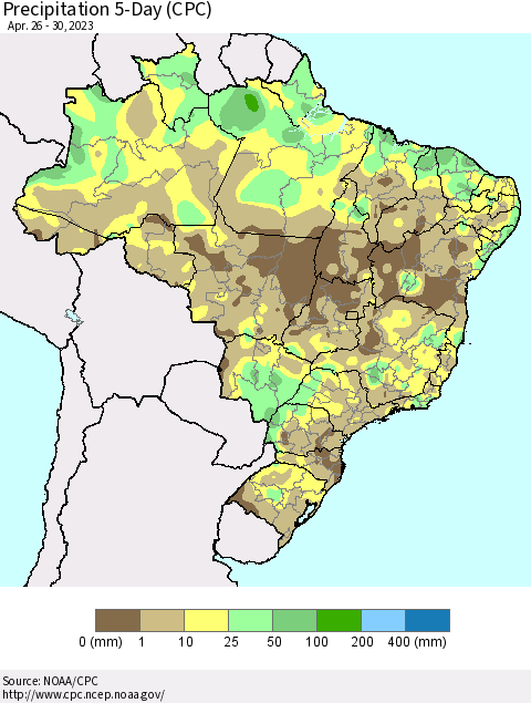 Brazil Precipitation 5-Day (CPC) Thematic Map For 4/26/2023 - 4/30/2023