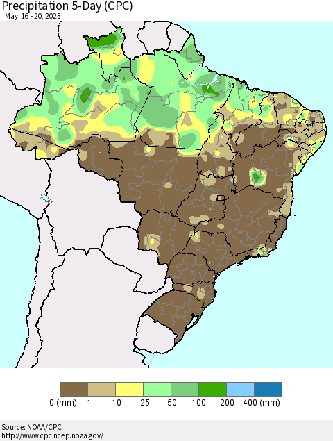 Brazil Precipitation 5-Day (CPC) Thematic Map For 5/16/2023 - 5/20/2023
