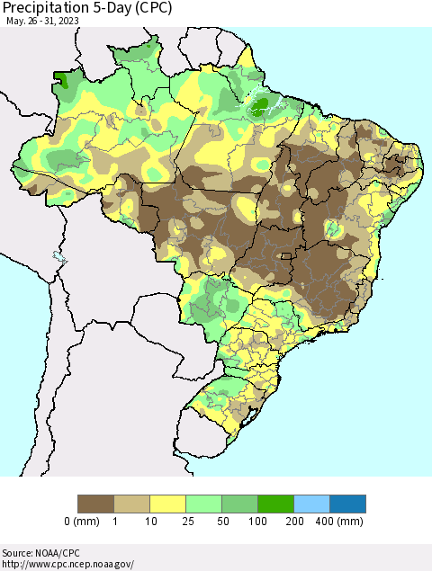 Brazil Precipitation 5-Day (CPC) Thematic Map For 5/26/2023 - 5/31/2023