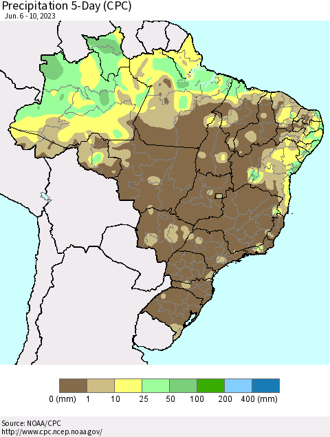 Brazil Precipitation 5-Day (CPC) Thematic Map For 6/6/2023 - 6/10/2023