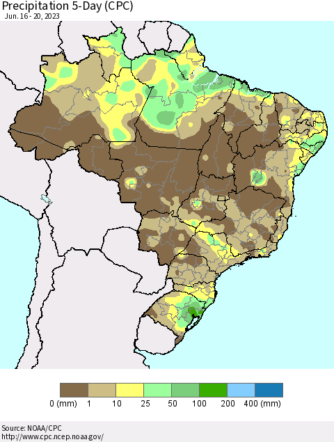 Brazil Precipitation 5-Day (CPC) Thematic Map For 6/16/2023 - 6/20/2023
