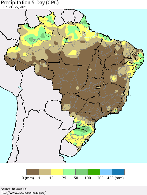 Brazil Precipitation 5-Day (CPC) Thematic Map For 6/21/2023 - 6/25/2023