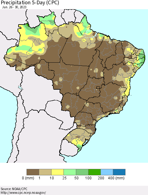 Brazil Precipitation 5-Day (CPC) Thematic Map For 6/26/2023 - 6/30/2023