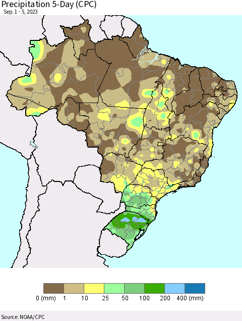 Brazil Precipitation 5-Day (CPC) Thematic Map For 9/1/2023 - 9/5/2023