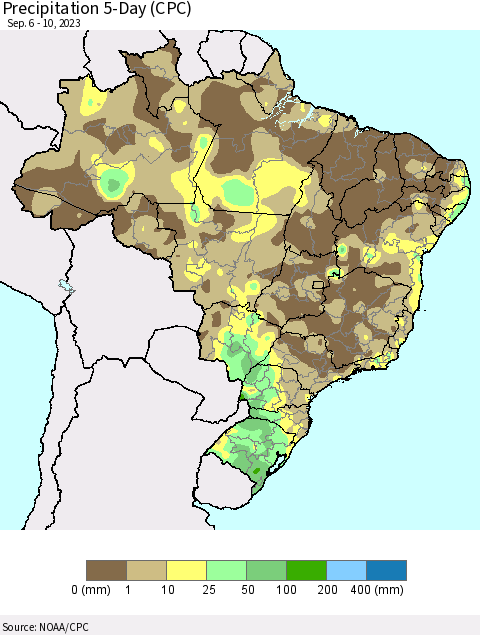 Brazil Precipitation 5-Day (CPC) Thematic Map For 9/6/2023 - 9/10/2023