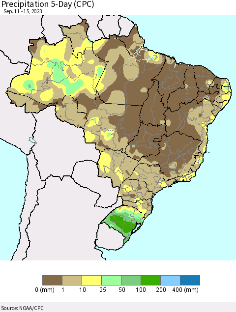 Brazil Precipitation 5-Day (CPC) Thematic Map For 9/11/2023 - 9/15/2023