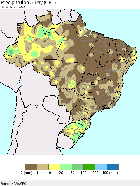 Brazil Precipitation 5-Day (CPC) Thematic Map For 9/16/2023 - 9/20/2023