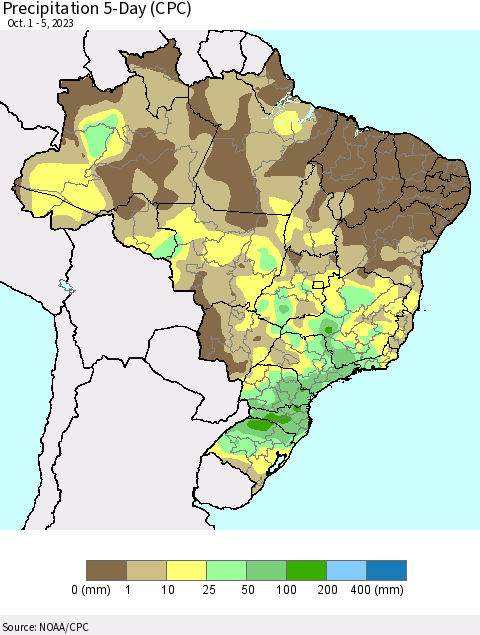 Brazil Precipitation 5-Day (CPC) Thematic Map For 10/1/2023 - 10/5/2023