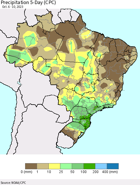Brazil Precipitation 5-Day (CPC) Thematic Map For 10/6/2023 - 10/10/2023