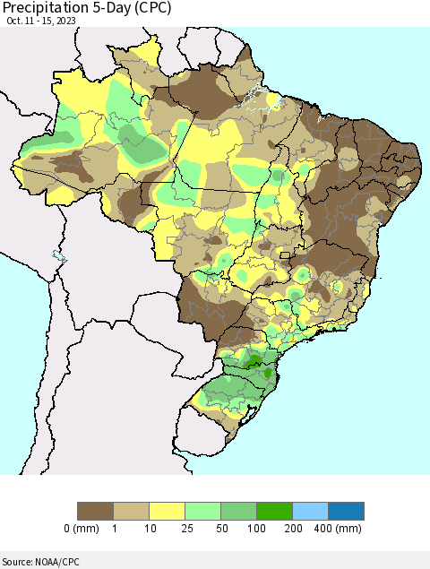 Brazil Precipitation 5-Day (CPC) Thematic Map For 10/11/2023 - 10/15/2023