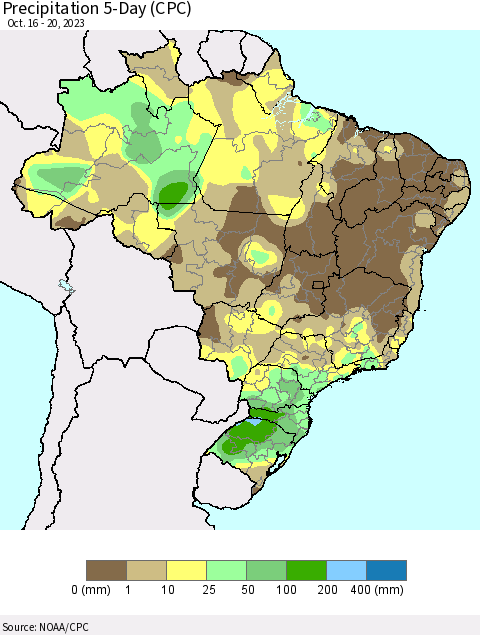 Brazil Precipitation 5-Day (CPC) Thematic Map For 10/16/2023 - 10/20/2023