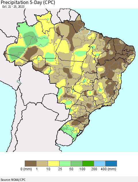 Brazil Precipitation 5-Day (CPC) Thematic Map For 10/21/2023 - 10/25/2023