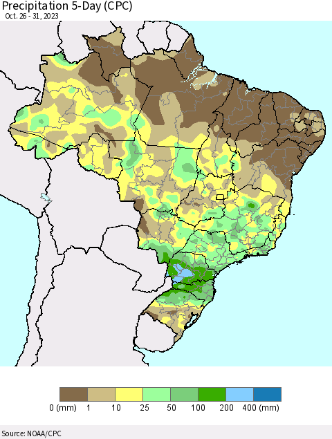 Brazil Precipitation 5-Day (CPC) Thematic Map For 10/26/2023 - 10/31/2023