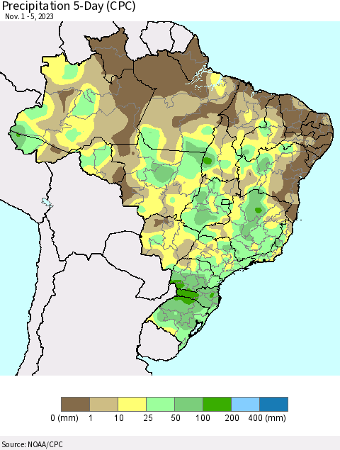 Brazil Precipitation 5-Day (CPC) Thematic Map For 11/1/2023 - 11/5/2023