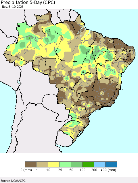 Brazil Precipitation 5-Day (CPC) Thematic Map For 11/6/2023 - 11/10/2023