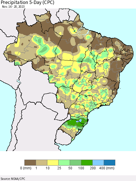 Brazil Precipitation 5-Day (CPC) Thematic Map For 11/16/2023 - 11/20/2023