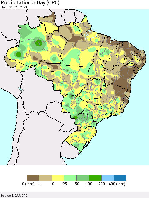 Brazil Precipitation 5-Day (CPC) Thematic Map For 11/21/2023 - 11/25/2023