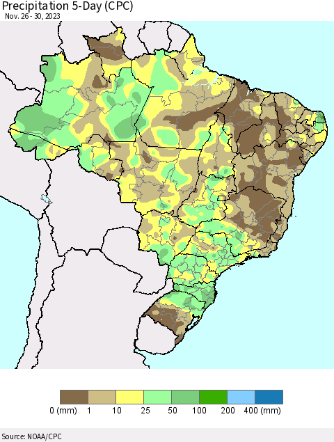 Brazil Precipitation 5-Day (CPC) Thematic Map For 11/26/2023 - 11/30/2023