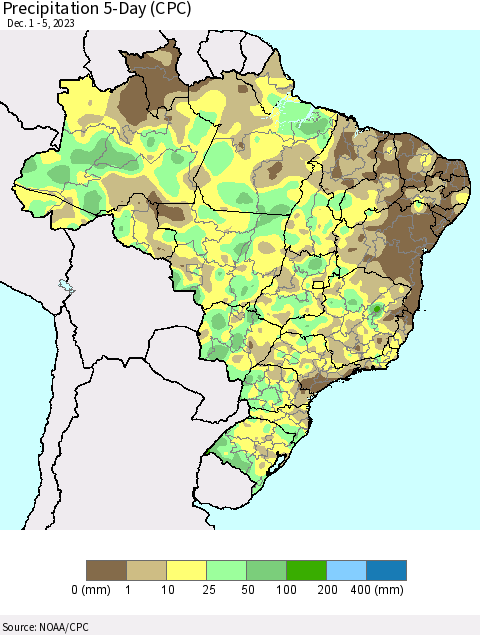 Brazil Precipitation 5-Day (CPC) Thematic Map For 12/1/2023 - 12/5/2023